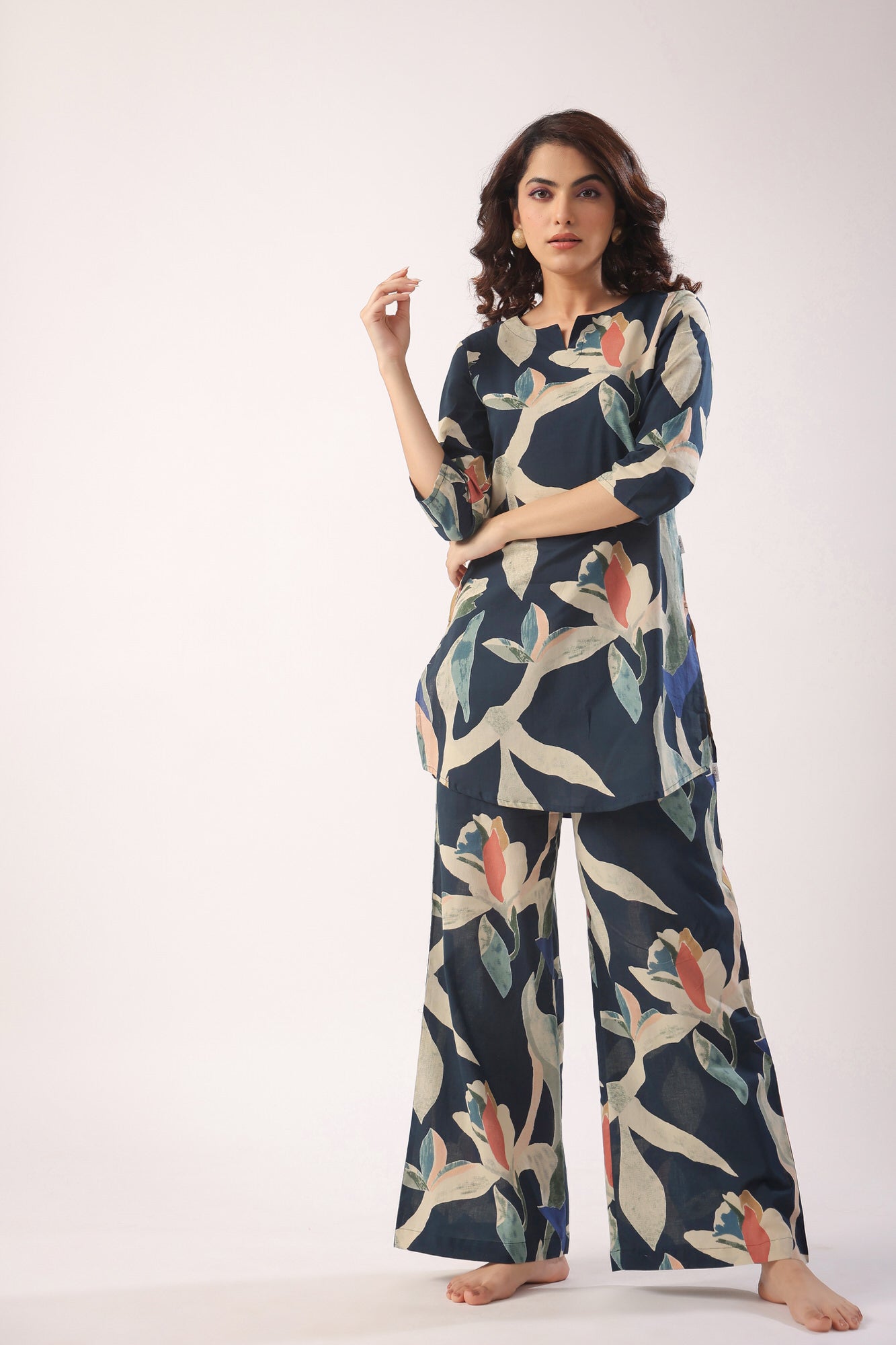 Abstract Strokes On Indigo Blue Cotton Palazzo Loungewear Set