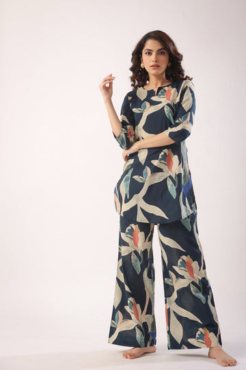 Abstract Strokes On Indigo Blue Cotton Palazzo Loungewear Set