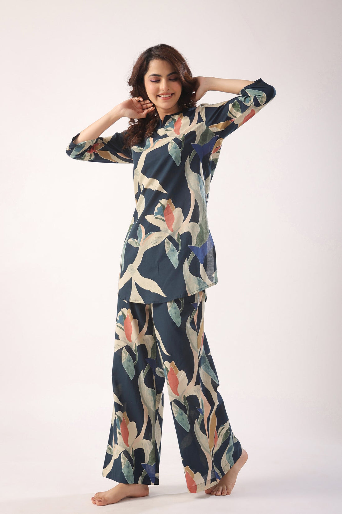 Abstract Strokes On Indigo Blue Cotton Palazzo Loungewear Set