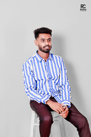 Blue and white stripe shirt.